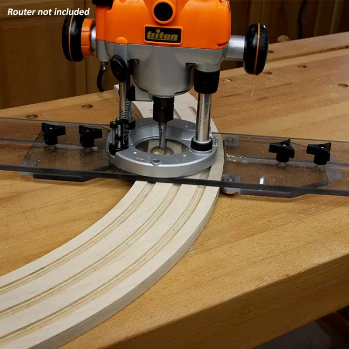 Circle cutting jig for router shown cutting precise curved grooves in plywood