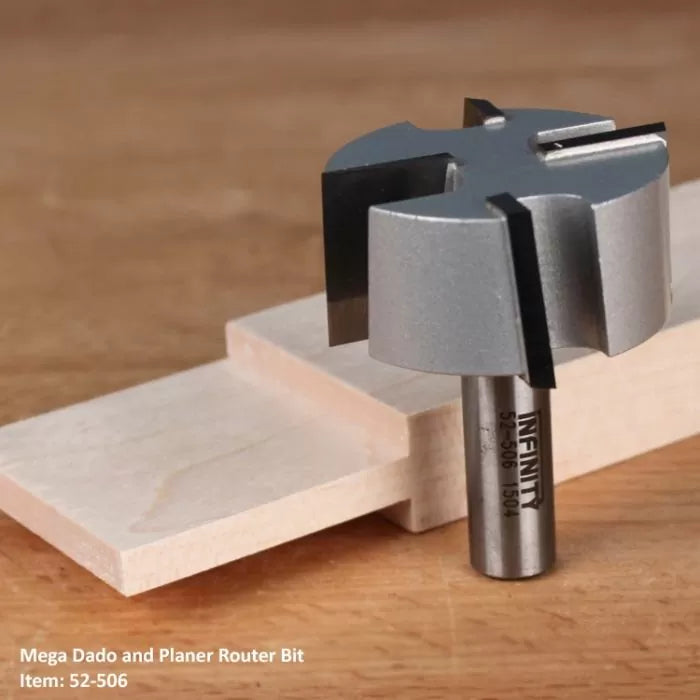 Mega dado and planer router bit for woodworking, cutting clean dados in wood.