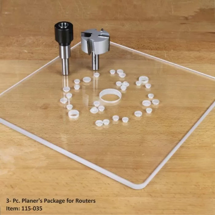 Three-piece planer set for routers with router bits and accessories on a clear base plate