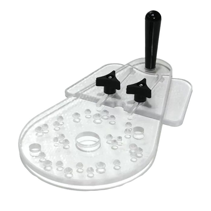 Clear acrylic router baseplate with multiple holes and black handle for woodworking precision