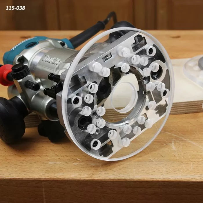 Router tool with clear acrylic base plate and mounting screws on a woodworking bench