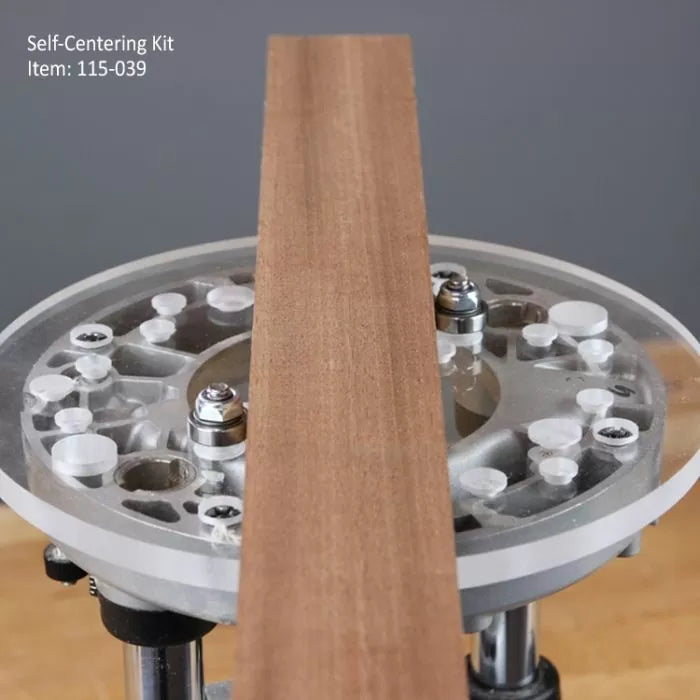 Self-centering router base kit with a wooden board for precise woodworking alignment