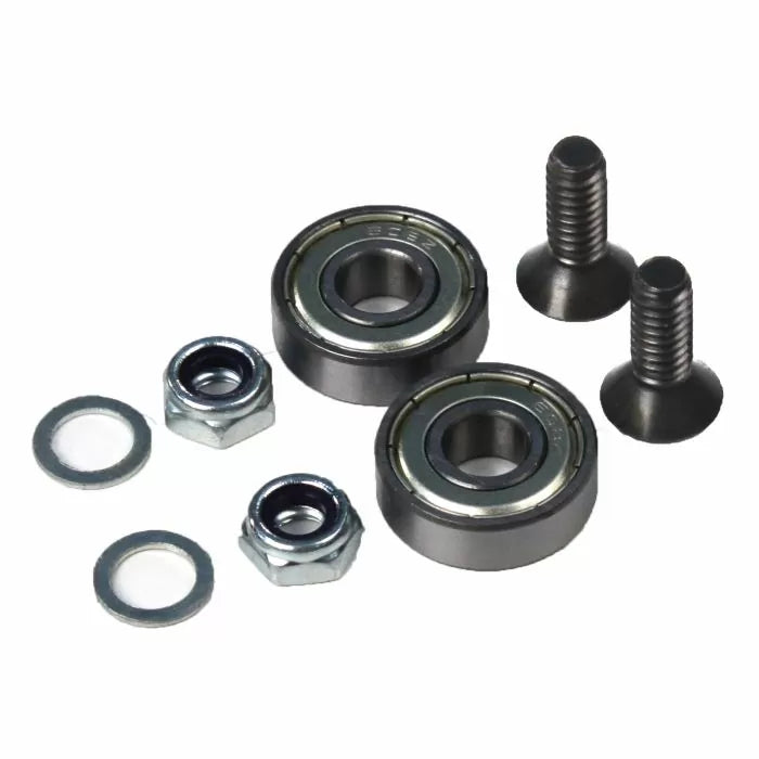 Woodworking router bit bearing kit with bolts, nuts, washers, and two bearings