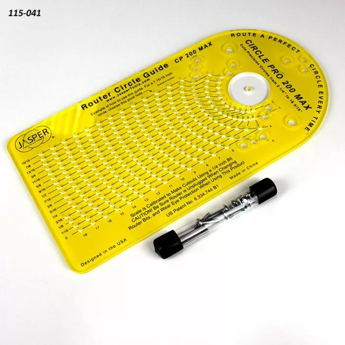 Router circle cutting guide with measurement markings and hardware for woodworking precision.