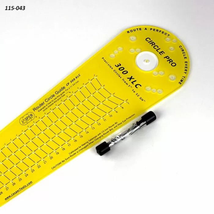 Jasper Tools 300 XLC yellow router circle guide with measurement chart and attachment piece