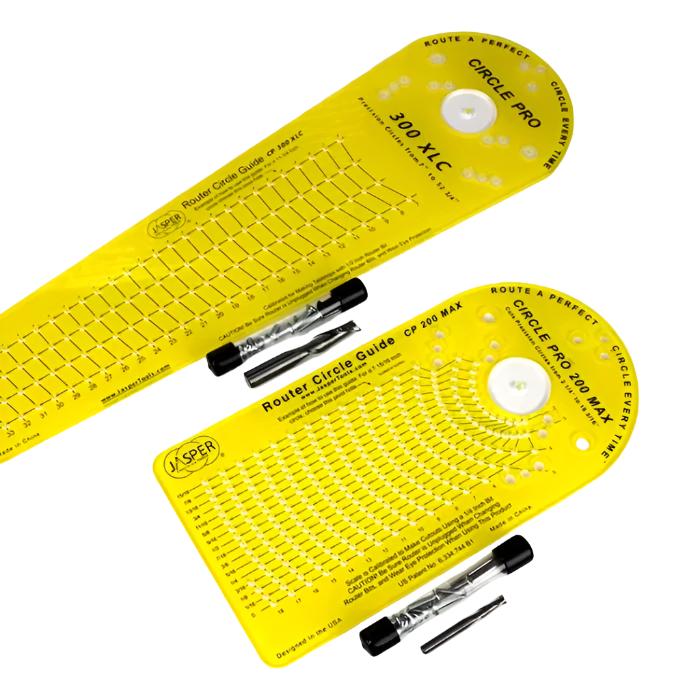 Yellow router circle guides with marked measurements and included router bits on white background