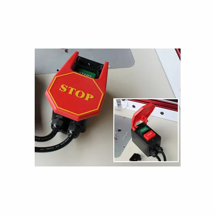 Router table safety power switch with red stop button and green start button