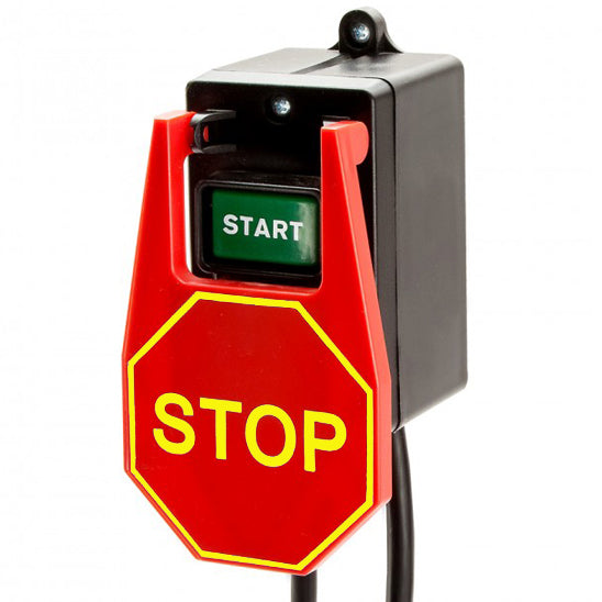 Woodworking tool safety switch with green start button and red stop paddle