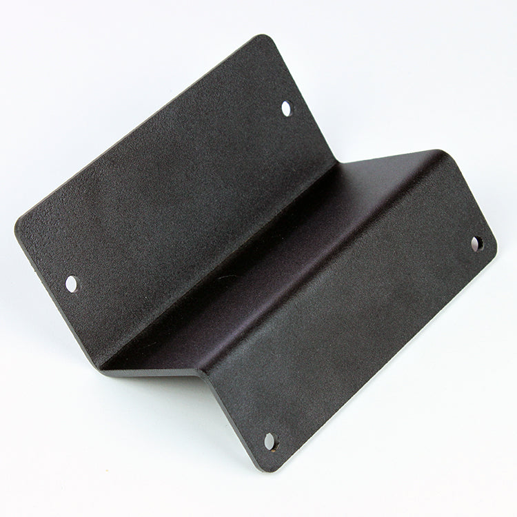 Black metal woodworking bracket with four mounting holes on white background