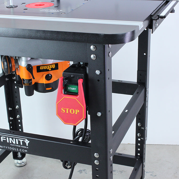 Router table stand with router motor and safety start-stop power switch for woodworking