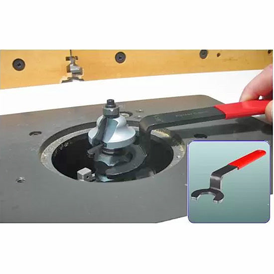 Offset router bit wrench tightening woodworking router bit on router table