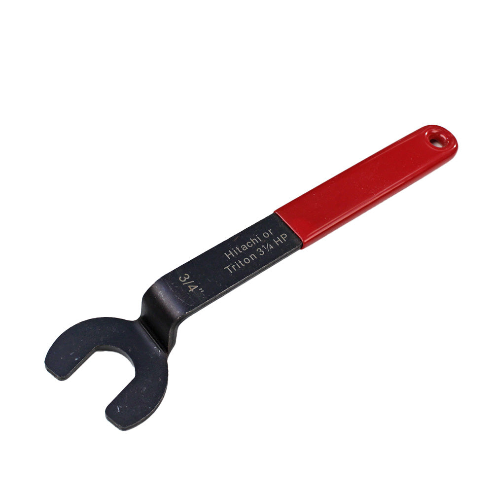 Open-end router collet wrench with red handle for woodworking tool adjustment