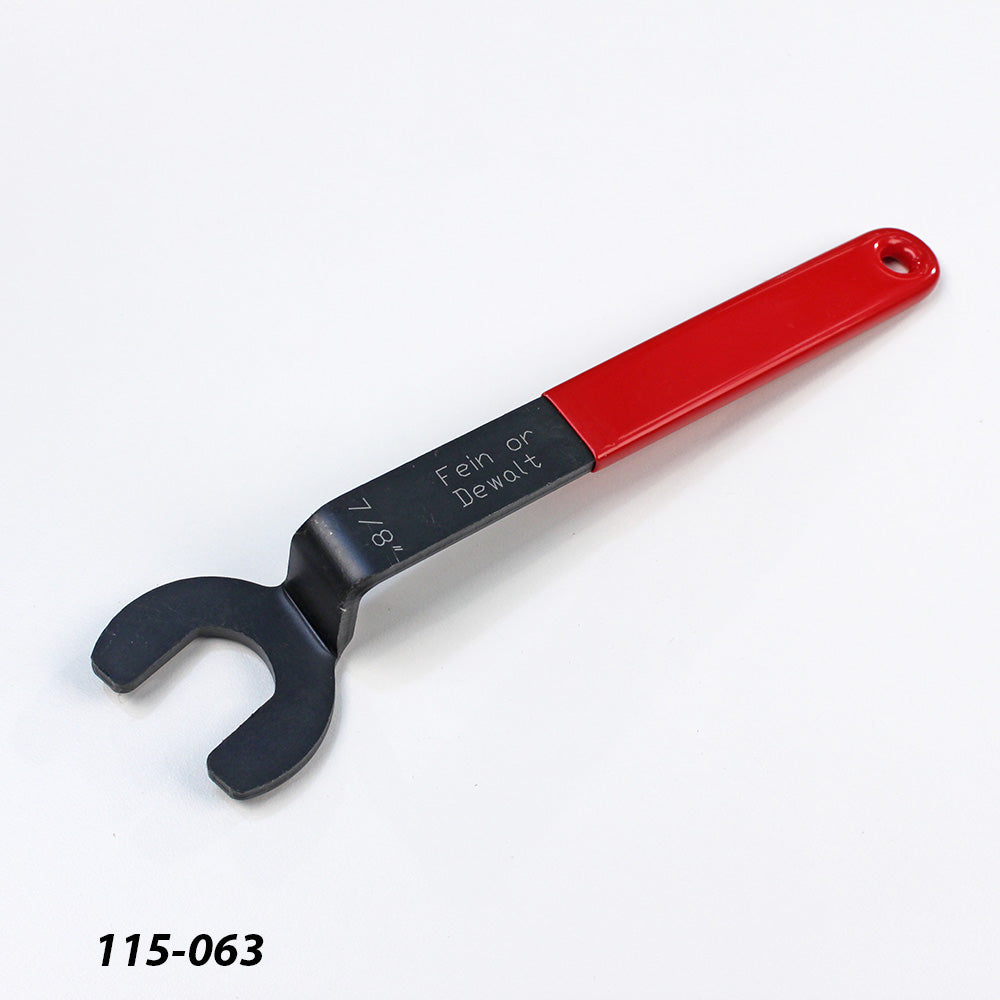 7/8 inch open-end wrench with red handle for woodworking tools, isolated on white