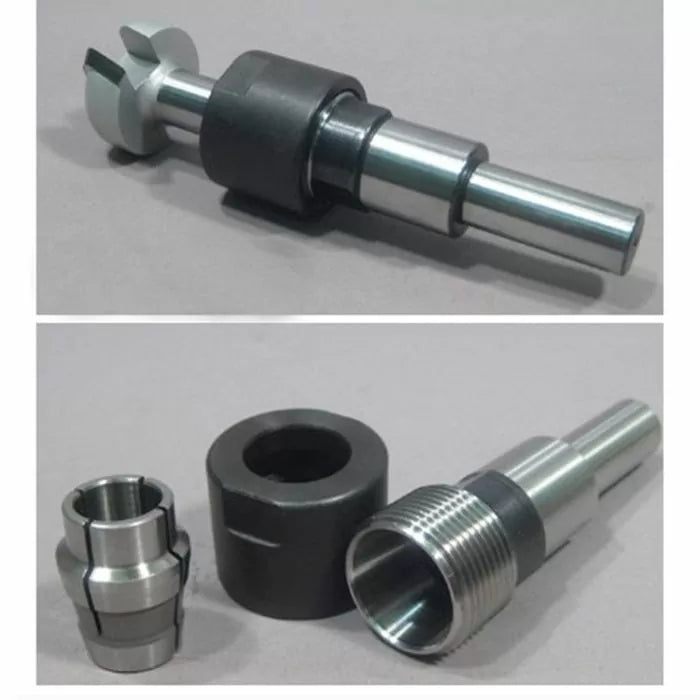 Router table insert spindle and collet set for woodworking tools, metallic finish
