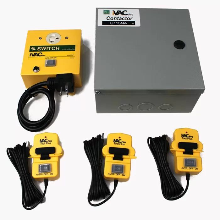 Dust collector automation kit with yellow switch, contactor box, and three iVAC Pro Tool Plus sensors.