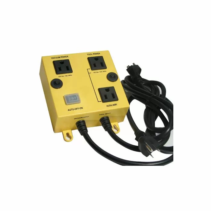 Yellow woodworking power control switch box with outlets and attached power cords