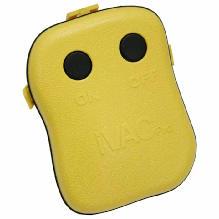 Yellow iVAC Pro remote with ON and OFF buttons for woodworking dust collection control