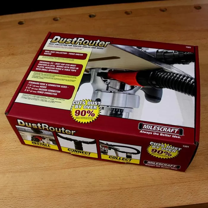 Milescraft DustRouter dust collection system box for router tables on wood workbench.