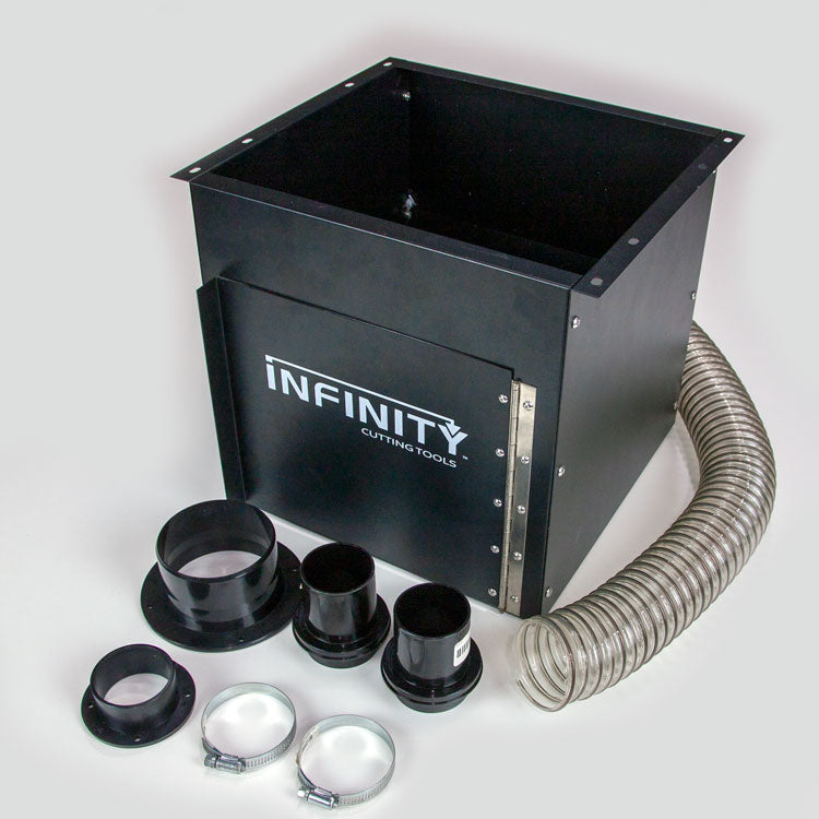 Dust collection box with hose, adapters, clamps for woodworking dust control