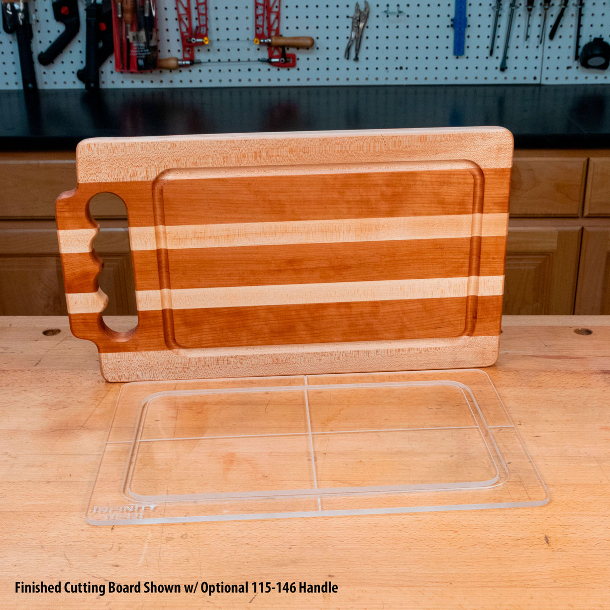 Clear acrylic cutting board template next to finished wood cutting board on workbench