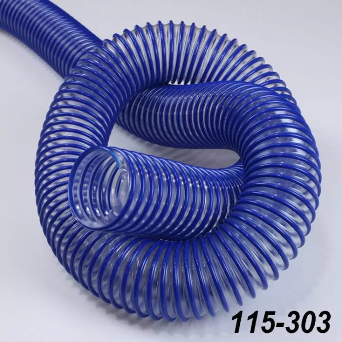 Blue flexible dust collection hose with clear ribbed walls for woodworking machinery