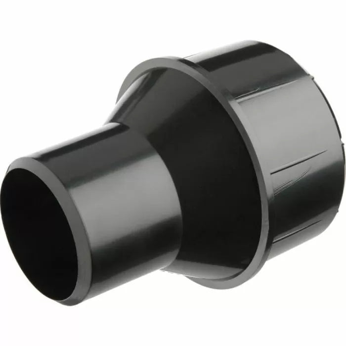 Black plastic dust collection hose adapter for woodworking tools and shop vacuums