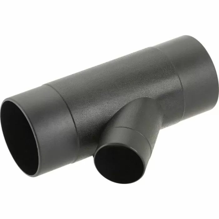 Black plastic dust collection Y-fitting for woodworking shop vacuums and dust extraction systems