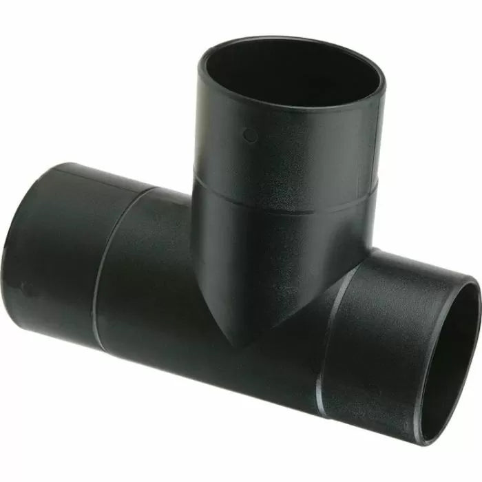 Black plastic dust collection hose tee fitting for woodworking shop setups