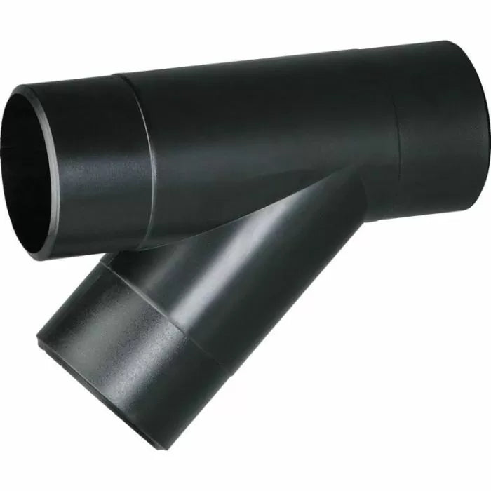 Black plastic Y dust collection fitting for woodworking shop vacuum systems