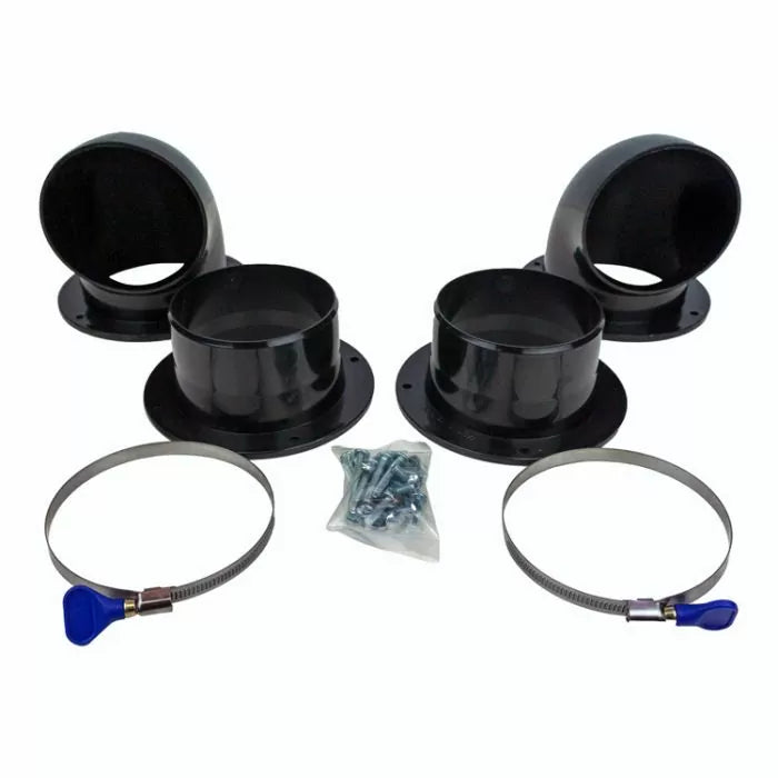 Dust collection hose adapter set with four black fittings, two hose clamps, and mounting screws