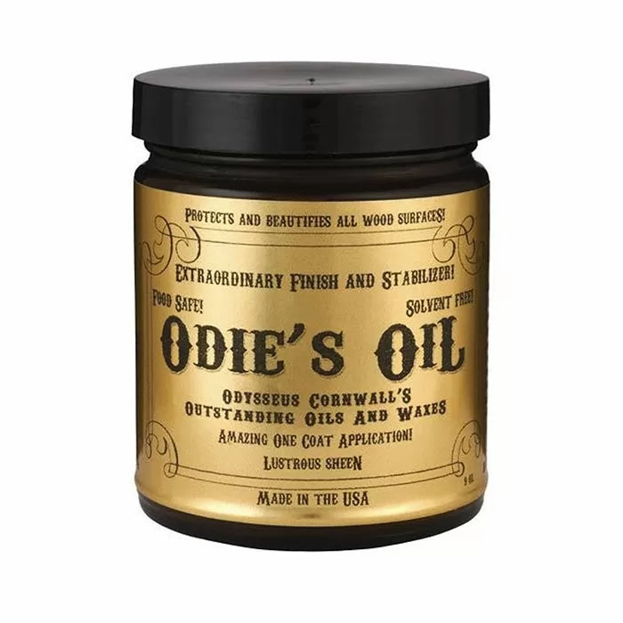 Odie's Oil wood finish jar with gold label for woodworking, protects and beautifies wood surfaces.