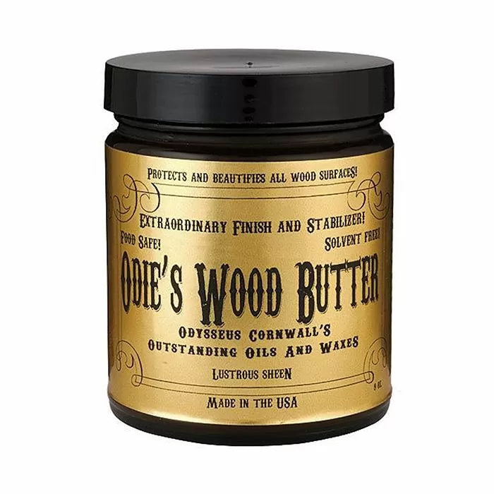 Odie's Wood Butter jar woodworking finish, oils and waxes, black lid, gold label
