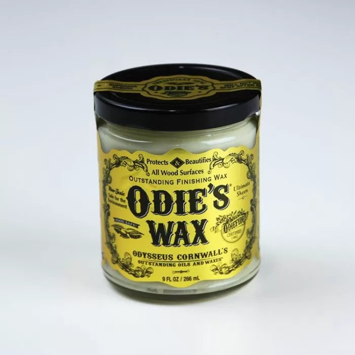 Odie's Wax wood finishing wax in glass jar with yellow label and black lid, 9 fl oz