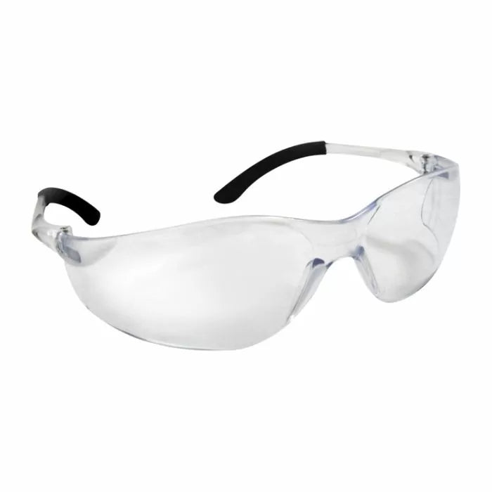 Clear safety glasses with black temple tips for woodworking eye protection