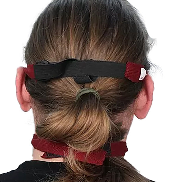 Back view of a person wearing a red and black adjustable head strap for safety gear