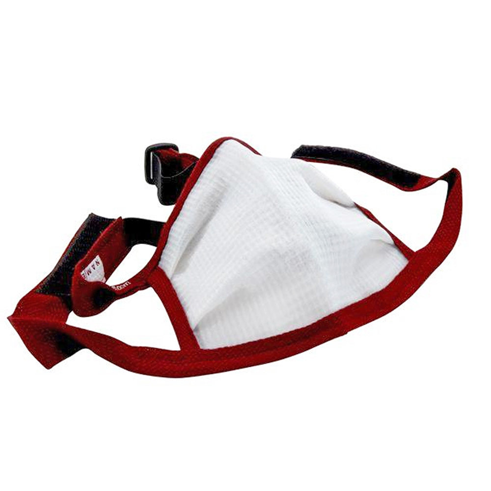 White dust mask with red adjustable straps for woodworking safety