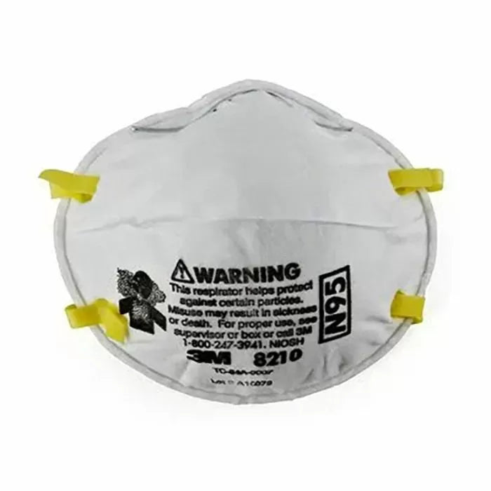 N95 particulate respirator mask with yellow straps and safety warning label
