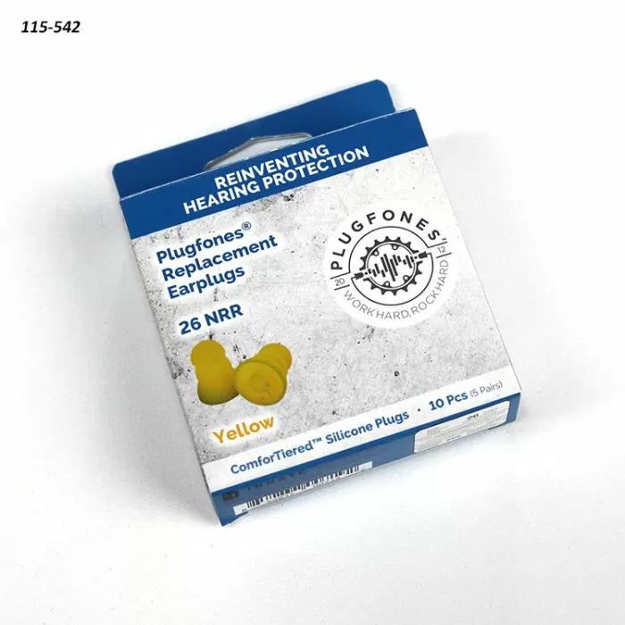 Plugfones yellow replacement earplugs in retail package, 26 NRR, 10 silicone plugs