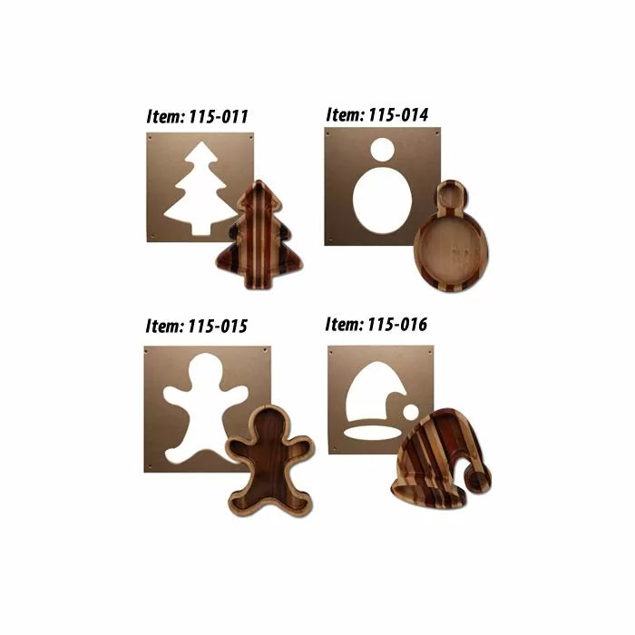 Set of woodworking tray templates in holiday shapes including tree, ornament, gingerbread, and hat.