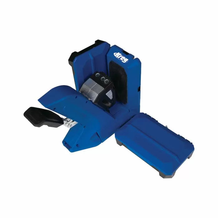 Blue woodworking pocket hole jig with clamping handle and drill guide, folded for storage