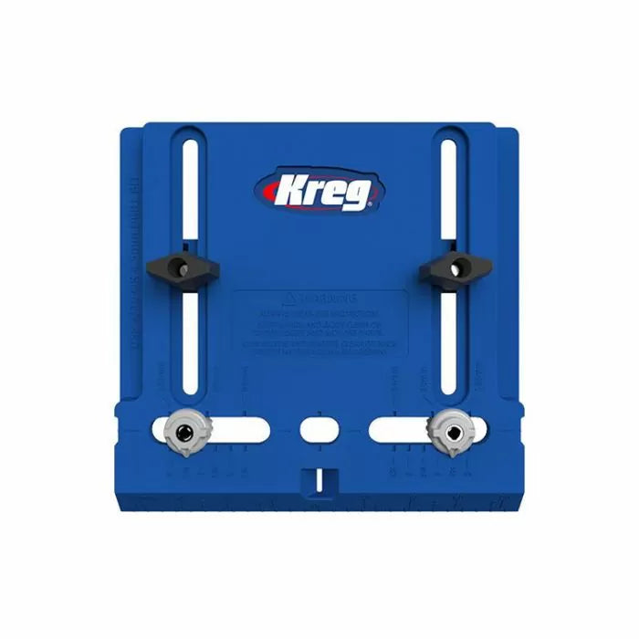 Blue Kreg woodworking jig with adjustment knobs, used for precise wood joinery