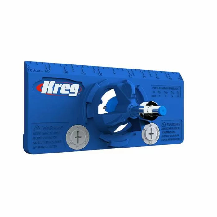Blue Kreg woodworking router template guide with measurement markings and adjustment knobs