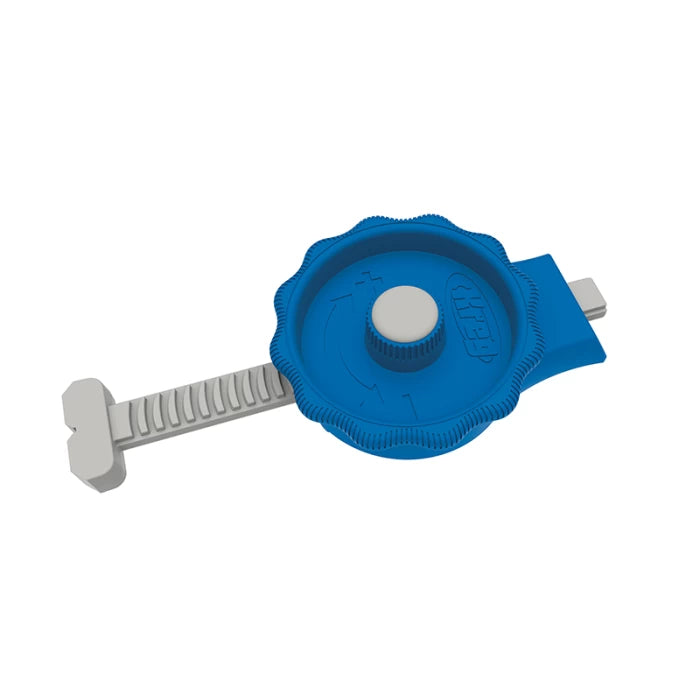 Blue and gray woodworking router table jig knob with adjustable locking mechanism