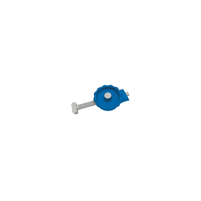 Blue woodworking jig knob with adjustable T-track clamp on white background