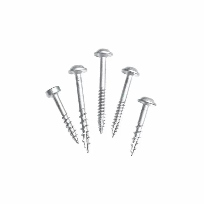 Five silver wood screws with pan heads arranged on a white background.