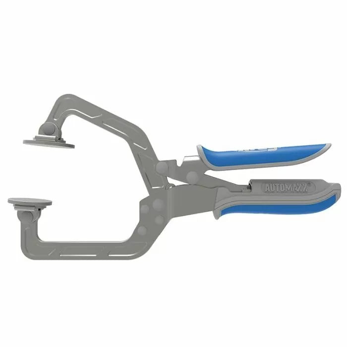 Metal woodworking clamp with blue handle grips and adjustable jaws on white background
