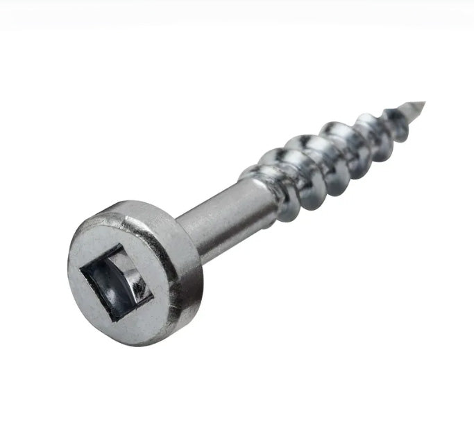 Close-up of a metal square drive wood screw with flat head and spiral threads