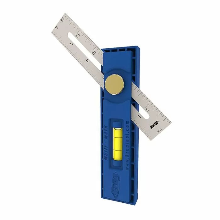 Adjustable blue woodworking angle gauge with metal ruler and built-in bubble level