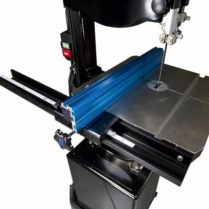 Precision bandsaw fence system installed on a metal bandsaw table for woodworking