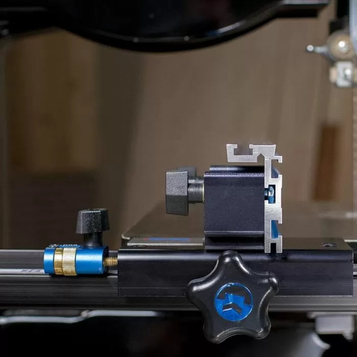 Precision bandsaw fence system with aluminum and steel adjustment knobs for woodworking